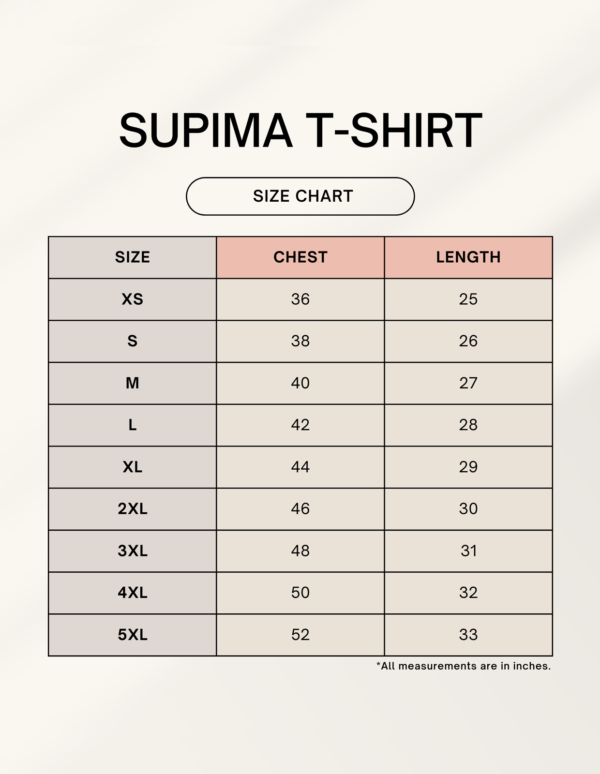 Size Chart for Supima T-Shirt for Travel Lovers