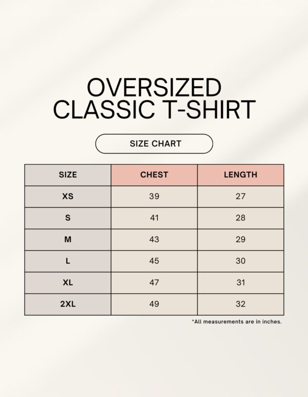 Unisex Oversized Classic T-Shirt size chart