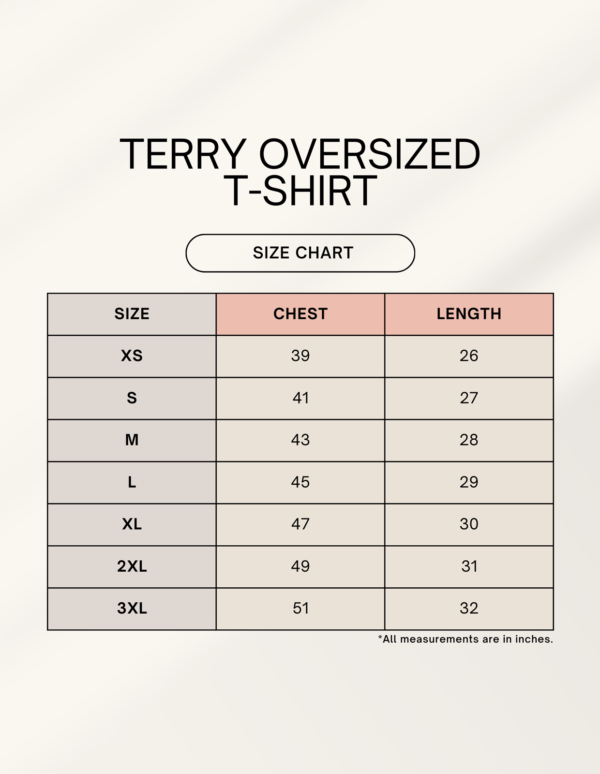 Unisex Terry Oversized Tee - Size Chart